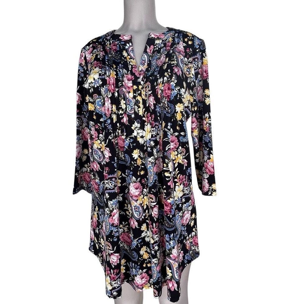 Serengeti Tunic Top Women's Large Multicolor Floral Paisley 3/4 Sleeve Pintuck